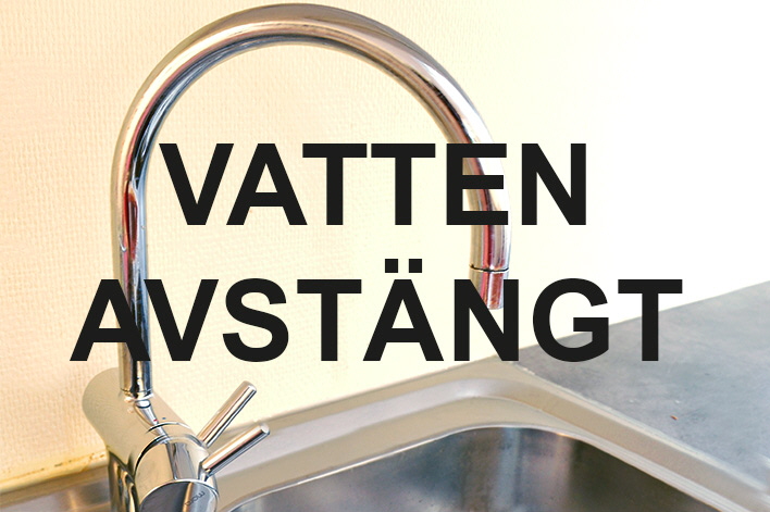 Ett stängt vattenkran med texten Vatten avstängt över.