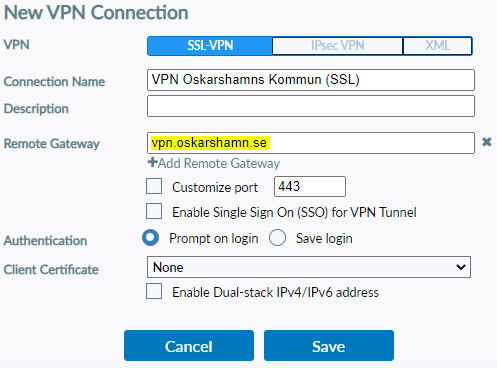 Dialogruta att fylla i nödvändig information för VPN-anslutning.