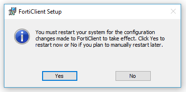 Dialogruta för Forticlient setup att klicka på ja eller nej för att starta om datorn.
