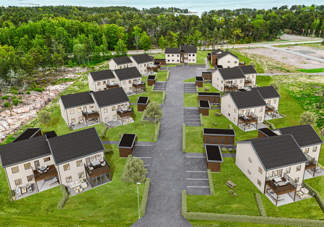 Ritning över nytt bostadsområde på Skrovgatan i Gunnarsö.