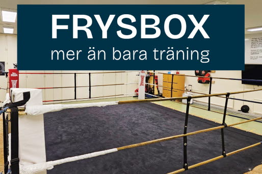 En boxningsring med texten Frysbox - mer än bara träning på en mörkblå ruta.