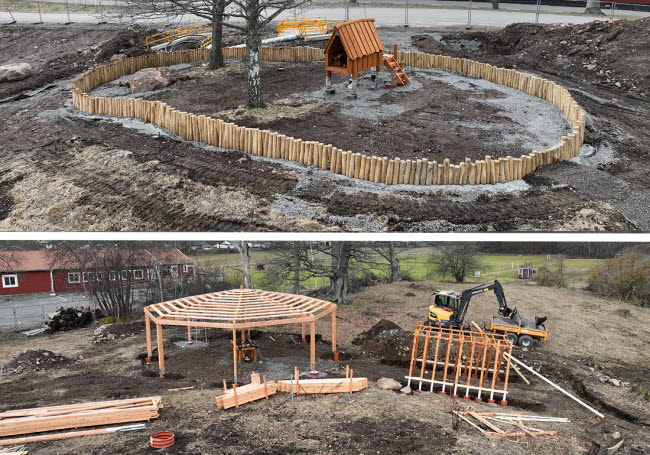 Bildkollage över Ekängens förskola som visar arbete med lekplatsen och paviljongen.