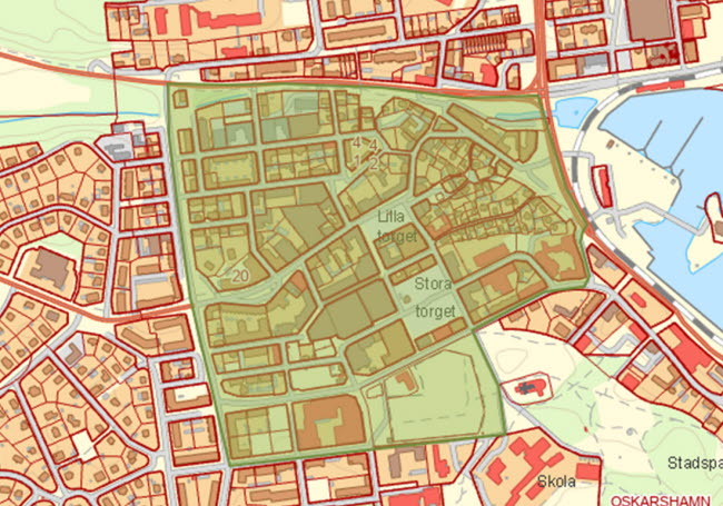 Karta med Oskarshamns centrum markerat.