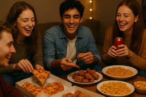 Några ungdomar sitter vid bordet, äter pizza tillsammans och skrattar. AI-genererad bild.