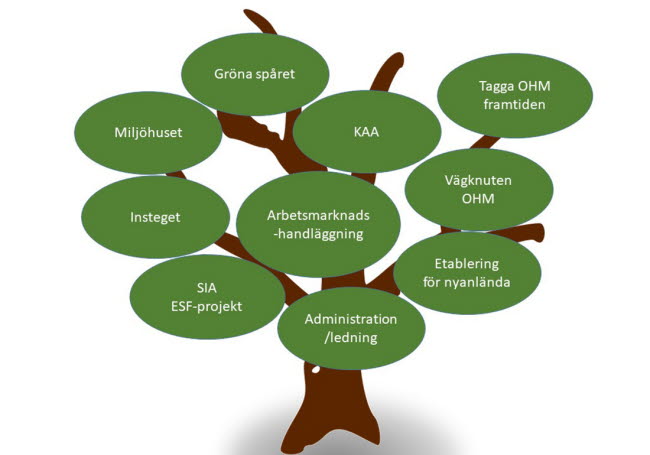 Illustration som visar ett träd med flera rutor som beskriver arbetsmarknadsenhetens olika projekt.