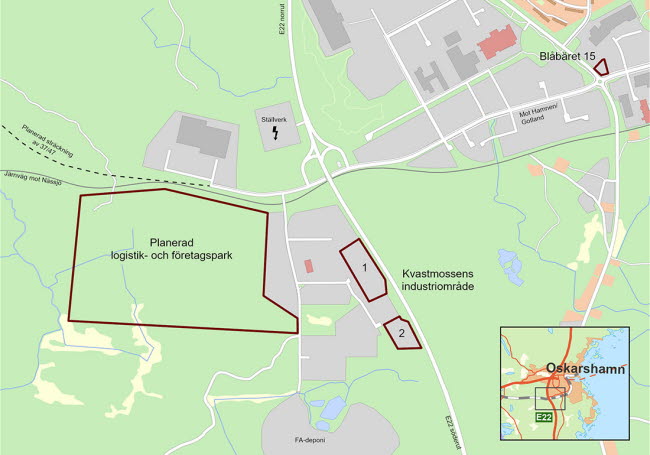 Karta över planerad logistik- och företagspark i Oskarshamn.