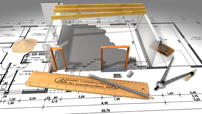 Bildmontage med planritning över en byggnad med delar av väggar och markmaterial med mera ritade i 3D. 